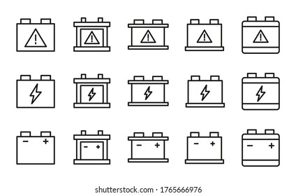 Schlagzeilensymbole der Autobatterie. Einfache Symbole für die App-Entwicklung und das Webdesign. Vektorgrafik-Piktogramme einzeln auf weißem Hintergrund. Paket mit Strichsymbolen.