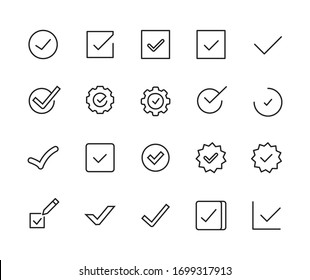 Stroke line icons set of check. Simple symbols for app development and website design. Vector outline pictograms isolated on a white background. Pack of stroke icons. 