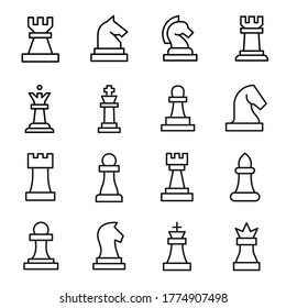 Stroke line icons set of chess. Simple symbols for app development and website design. Vector outline pictograms isolated on a white background. Pack of stroke icons.