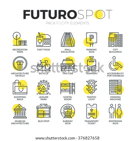Stroke line icons set of city travel elements, road sign for transportation. Modern flat linear pictogram concept. Premium quality outline symbol collection. Simple vector material design, web graphic