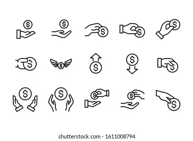 Stroke line icons set of coin. Simple symbols for app development and website design. Vector outline pictograms isolated on a white background. Pack of stroke icons. 