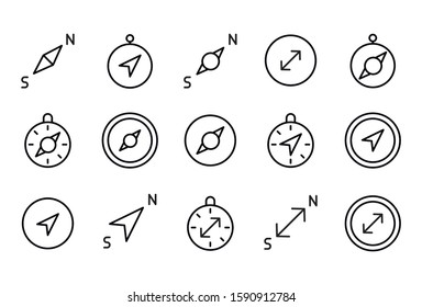 Stroke line icons set of compass. Simple symbols for app development and website design. Vector outline pictograms isolated on a white background. Pack of stroke icons. 