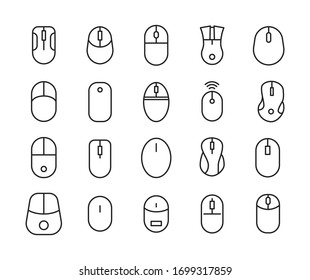 Stroke line icons set of computer mouse. Simple symbols for app development and website design. Vector outline pictograms isolated on a white background. Pack of stroke icons. 