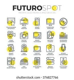 Stroke line icons set of computer electronics and home multimedia devices. Modern flat linear pictogram concept. Premium quality outline symbol collection. Simple vector material design, web graphics.