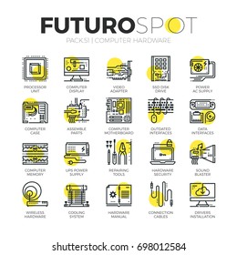 Stroke line icons set of computer hardware and electronics parts. Modern flat linear pictogram concept. Premium quality outline symbol collection. Simple vector material design of web graphics.