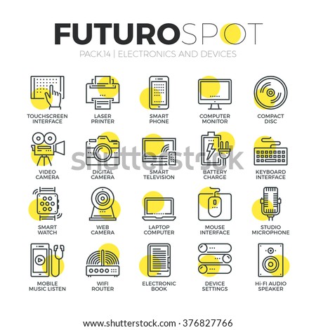 Stroke line icons set of computer electronics and home multimedia devices. Modern flat linear pictogram concept. Premium quality outline symbol collection. Simple vector material design, web graphics.