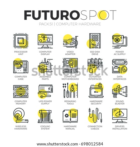 Stroke line icons set of computer hardware and electronics parts. Modern flat linear pictogram concept. Premium quality outline symbol collection. Simple vector material design of web graphics.