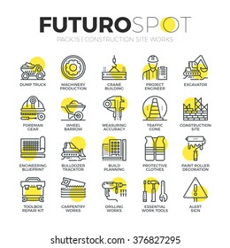 Stroke line icons set of construction building works, engineering tools. Modern flat linear pictogram concept. Premium quality outline symbol collection. Simple vector material design of web graphics.