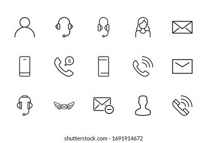 Stroke line icons set of contact us. Simple symbols for app development and website design. Vector outline pictograms isolated on a white background. Pack of stroke icons. 