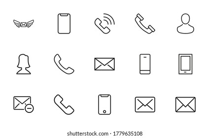 Stroke line icons set of contact us. Simple symbols for app development and website design. Vector outline pictograms isolated on a white background. Pack of stroke icons.