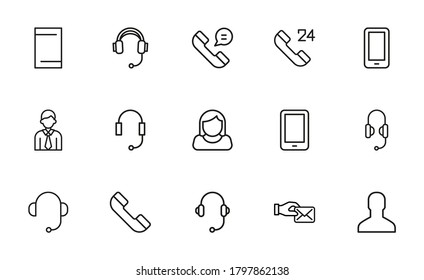 Stroke line icons set of contact us. Simple symbols for app development and website design. Vector outline pictograms isolated on a white background. Pack of stroke icons.