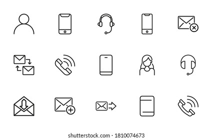 Stroke line icons set of contact us. Simple symbols for app development and website design. Vector outline pictograms isolated on a white background. Pack of stroke icons.