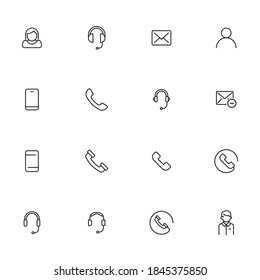 Stroke line icons set of contact us. Simple symbols for app development and website design. Vector outline pictograms isolated on a white background. Pack of stroke icons.