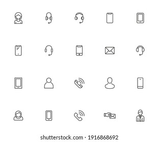 Stroke line icons set of contact us. Simple symbols for app development and website design. Vector outline pictograms isolated on a white background. Pack of stroke icons.