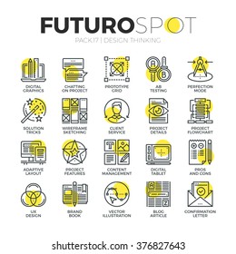 Stroke line icons set of content design production process, usability think. Modern flat linear pictogram concept. Premium quality outline symbol collection. Simple vector material design, web graphic