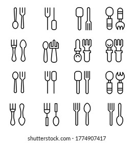 Stroke line icons set of cutlery. Simple symbols for app development and website design. Vector outline pictograms isolated on a white background. Pack of stroke icons.