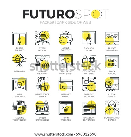Stroke line icons set of darknet deep web, porn issue, hacker technology. Modern flat linear pictogram concept. Premium quality outline symbol collection. Simple vector material design of web graphics