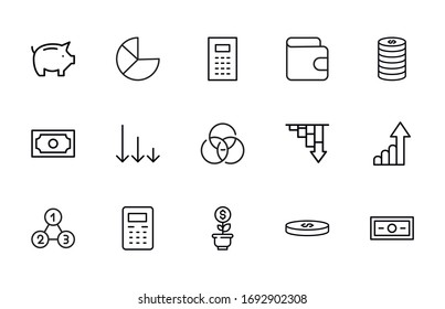Stroke line icons set of debt. Simple symbols for app development and website design. Vector outline pictograms isolated on a white background. Pack of stroke icons. 