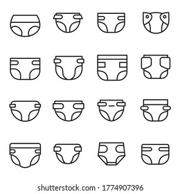 Stroke line icons set of diaper. Simple symbols for app development and website design. Vector outline pictograms isolated on a white background. Pack of stroke icons.