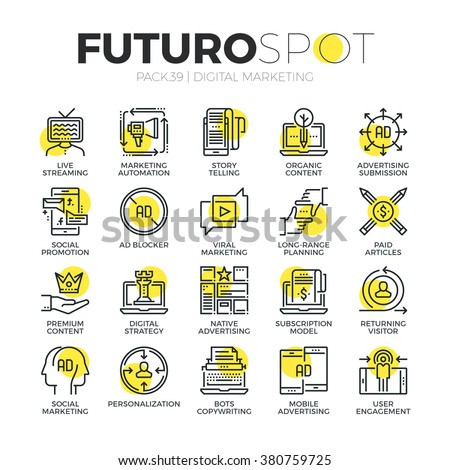 Stroke line icons set of digital media, content marketing, live streaming. Modern flat linear pictogram concept. Premium quality outline symbol collection. Simple vector material design of web graphic