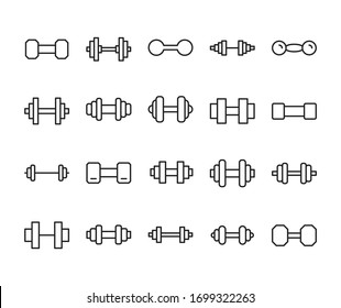 Stroke line icons set of dumbbell. Simple symbols for app development and website design. Vector outline pictograms isolated on a white background. Pack of stroke icons. 