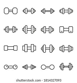 Stroke line icons set of dumbbell. Simple symbols for app development and website design. Vector outline pictograms isolated on a white background. Pack of stroke icons.