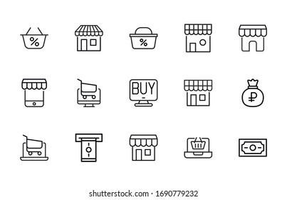 Stroke line icons set of e-commerce. Simple symbols for app development and website design. Vector outline pictograms isolated on a white background. Pack of stroke icons. 