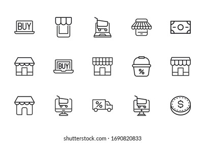 Iconos de línea de trazo conjunto de comercio electrónico. Símbolos simples para el desarrollo de aplicaciones y el diseño de sitios web. Pictogramas de contorno vectorial aislados en un fondo blanco. Paquete de iconos de trazo. 