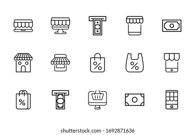 Schlagt die Linien-Symbole Set des E-Commerce. Einfache Symbole für die App-Entwicklung und das Webdesign. Vektorillustration umreißt Piktogramme einzeln auf weißem Hintergrund. Paket mit Strichsymbolen. 
