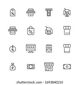 Iconos de línea de trazo conjunto de comercio electrónico. Símbolos simples para el desarrollo de aplicaciones y el diseño de sitios web. Pictogramas de contorno vectorial aislados en un fondo blanco. Paquete de iconos de trazo. 