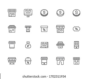 Stroke line icons set of e-commerce. Simple symbols for app development and website design. Vector outline pictograms isolated on a white background. Pack of stroke icons. 