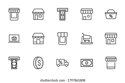 Stroke line icons set of e-commerce. Simple symbols for app development and website design. Vector outline pictograms isolated on a white background. Pack of stroke icons.