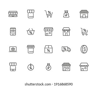 Stroke line icons set of e-commerce. Simple symbols for app development and website design. Vector outline pictograms isolated on a white background. Pack of stroke icons.