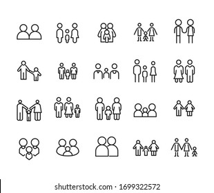 Stroke line icons set of family. Simple symbols for app development and website design. Vector outline pictograms isolated on a white background. Pack of stroke icons. 