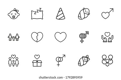 Stroke line icons set of family. Simple symbols for app development and website design. Vector outline pictograms isolated on a white background. Pack of stroke icons.