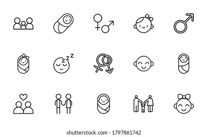 Stroke line icons set of family. Simple symbols for app development and website design. Vector outline pictograms isolated on a white background. Pack of stroke icons.