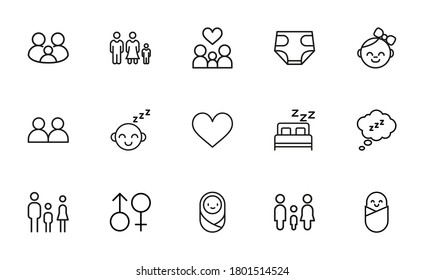 Stroke line icons set of family. Simple symbols for app development and website design. Vector outline pictograms isolated on a white background. Pack of stroke icons.