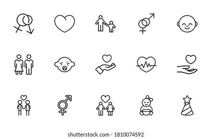 Stroke line icons set of family. Simple symbols for app development and website design. Vector outline pictograms isolated on a white background. Pack of stroke icons.