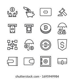 Stroke line icons set of finance. Simple symbols for app development and website design. Vector outline pictograms isolated on a white background. Pack of stroke icons. 