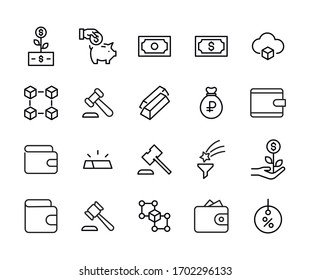 Stroke line icons set of finance. Simple symbols for app development and website design. Vector outline pictograms isolated on a white background. Pack of stroke icons. 