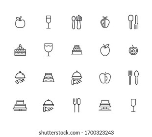 Conjunto de iconos de línea de trazo de Alimentos. Símbolos simples para el desarrollo de aplicaciones y el diseño de sitios web. Pictogramas de contorno vectorial aislados en un fondo blanco. Paquete de iconos de trazo. 
