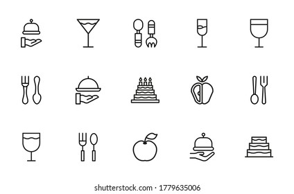 Juego de iconos de línea de tracción de alimentos. Símbolos simples para el desarrollo de aplicaciones y el diseño de sitios web. Pictogramas de contorno vectorial aislados en un fondo blanco. Paquete de iconos de trazo.