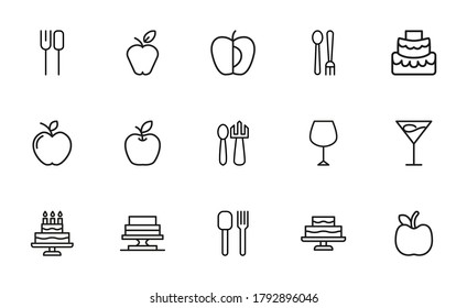 Stroke line icons set of food. Simple symbols for app development and website design. Vector outline pictograms isolated on a white background. Pack of stroke icons.
