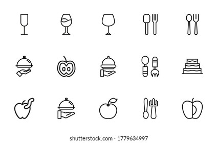 Stroke line icons set of gastronomy. Simple symbols for app development and website design. Vector outline pictograms isolated on a white background. Pack of stroke icons.