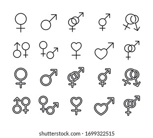 Markieren Sie den Satz der Gender-Symbole. Einfache Symbole für die App-Entwicklung und das Webdesign. Vektorgrafik-Piktogramme einzeln auf weißem Hintergrund. Paket mit Strichsymbolen. 