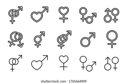 Juego de iconos de línea de trazo de género. Símbolos simples para el desarrollo de aplicaciones y el diseño de sitios web. Pictogramas de contorno vectorial aislados en un fondo blanco. Paquete de iconos de trazo.