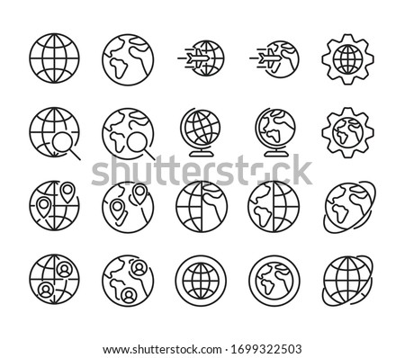 Stroke line icons set of globe. Simple symbols for app development and website design. Vector outline pictograms isolated on a white background. Pack of stroke icons. 