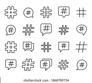 Stroke line icons set of hashtag. Simple symbols for app development and website design. Vector outline pictograms isolated on a white background. Pack of stroke icons.