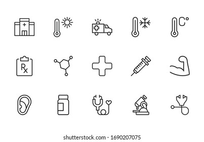 Stroke line icons set of healthcare. Simple symbols for app development and website design. Vector outline pictograms isolated on a white background. Pack of stroke icons. 
