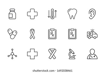 Stroke Line Icons Set Of Healthcare. Simple Symbols For App Development And Website Design. Vector Outline Pictograms Isolated On A White Background. Pack Of Stroke Icons. 
